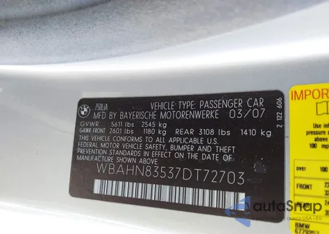 2007 BMW 750Li z USA, uszkodzony, nr VIN WBAHN83537DT72703